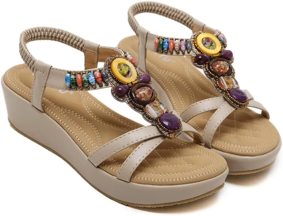 MIOKE Women's Bohemia Wedge Sandals with Rhinestone Flower Platform T-strap Slingback Summer Beach Sandal