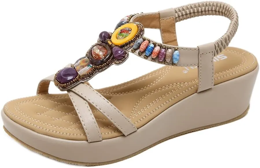 MIOKE Women's Bohemia Wedge Sandals with Rhinestone Flower Platform T-strap Slingback Summer Beach Sandal