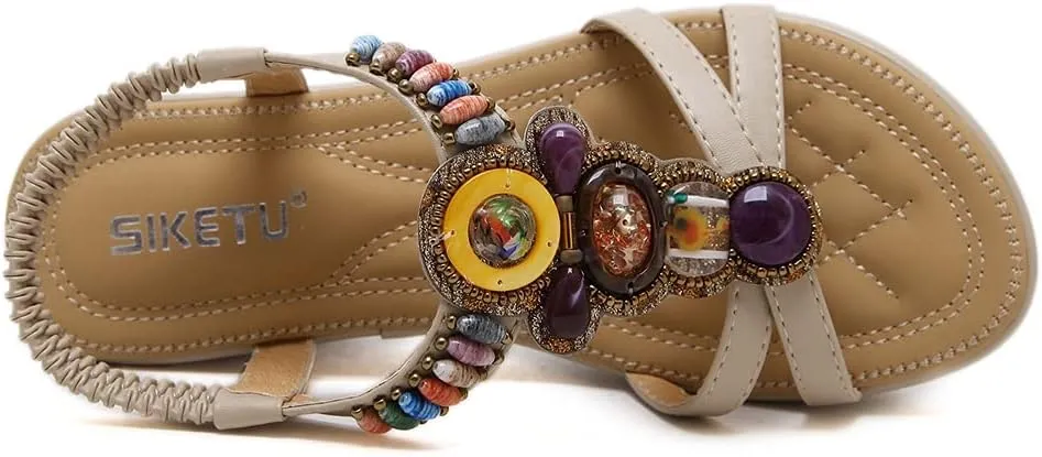 MIOKE Women's Bohemia Wedge Sandals with Rhinestone Flower Platform T-strap Slingback Summer Beach Sandal