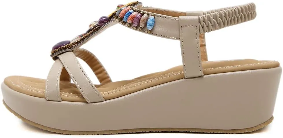 MIOKE Women's Bohemia Wedge Sandals with Rhinestone Flower Platform T-strap Slingback Summer Beach Sandal