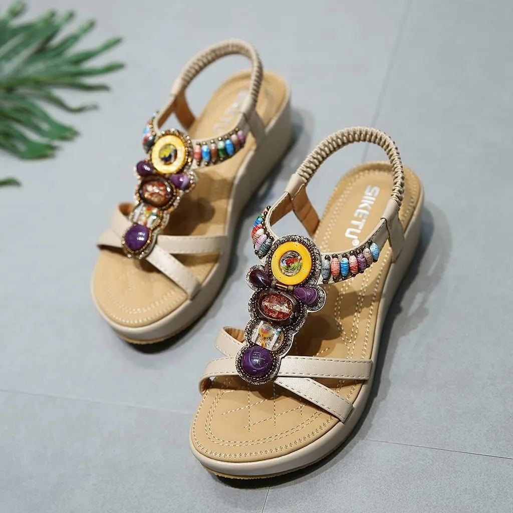 MIOKE Women's Bohemia Wedge Sandals with Rhinestone Flower Platform T-strap Slingback Summer Beach Sandal