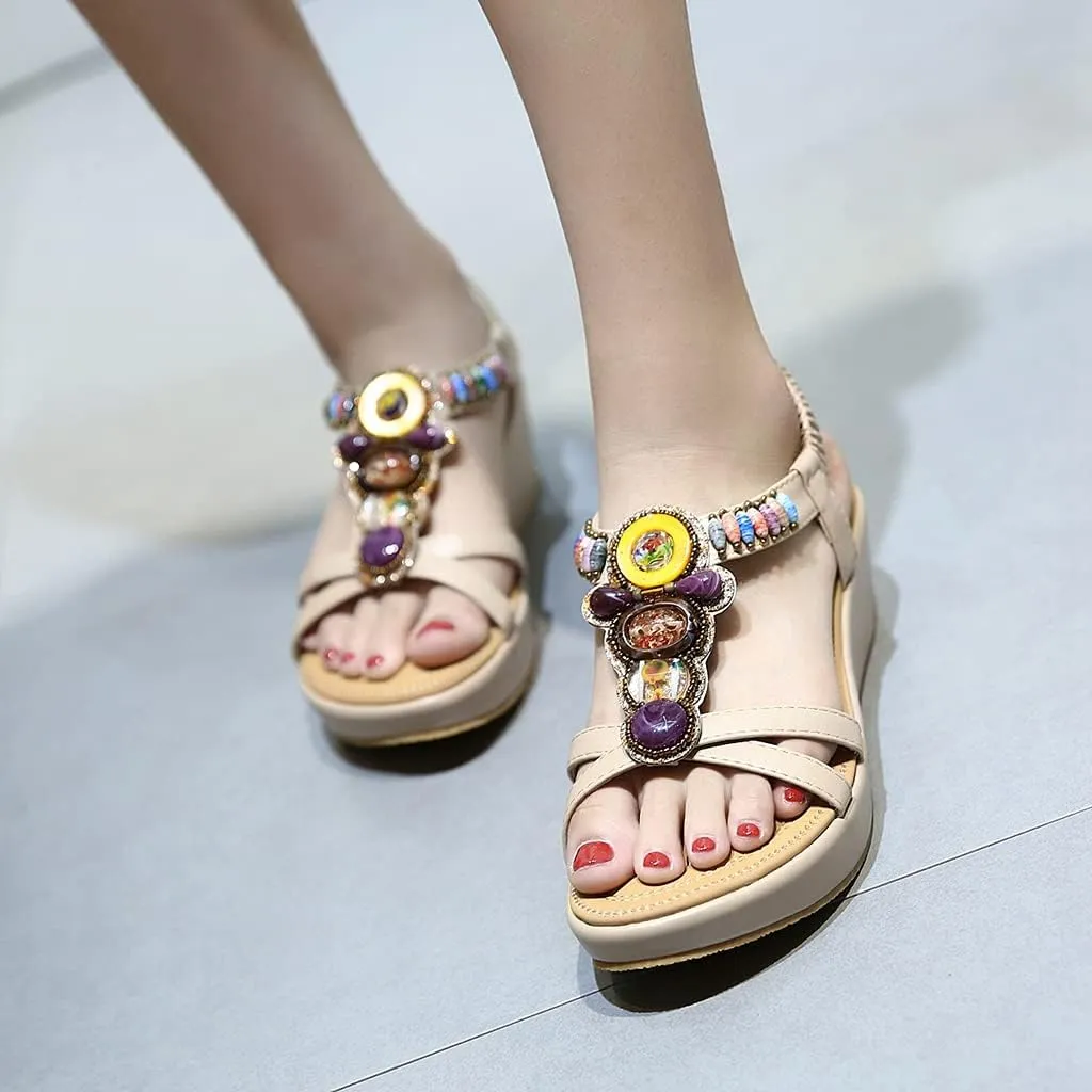 MIOKE Women's Bohemia Wedge Sandals with Rhinestone Flower Platform T-strap Slingback Summer Beach Sandal