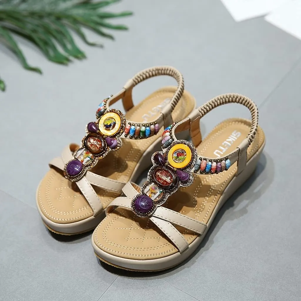 MIOKE Women's Bohemia Wedge Sandals with Rhinestone Flower Platform T-strap Slingback Summer Beach Sandal