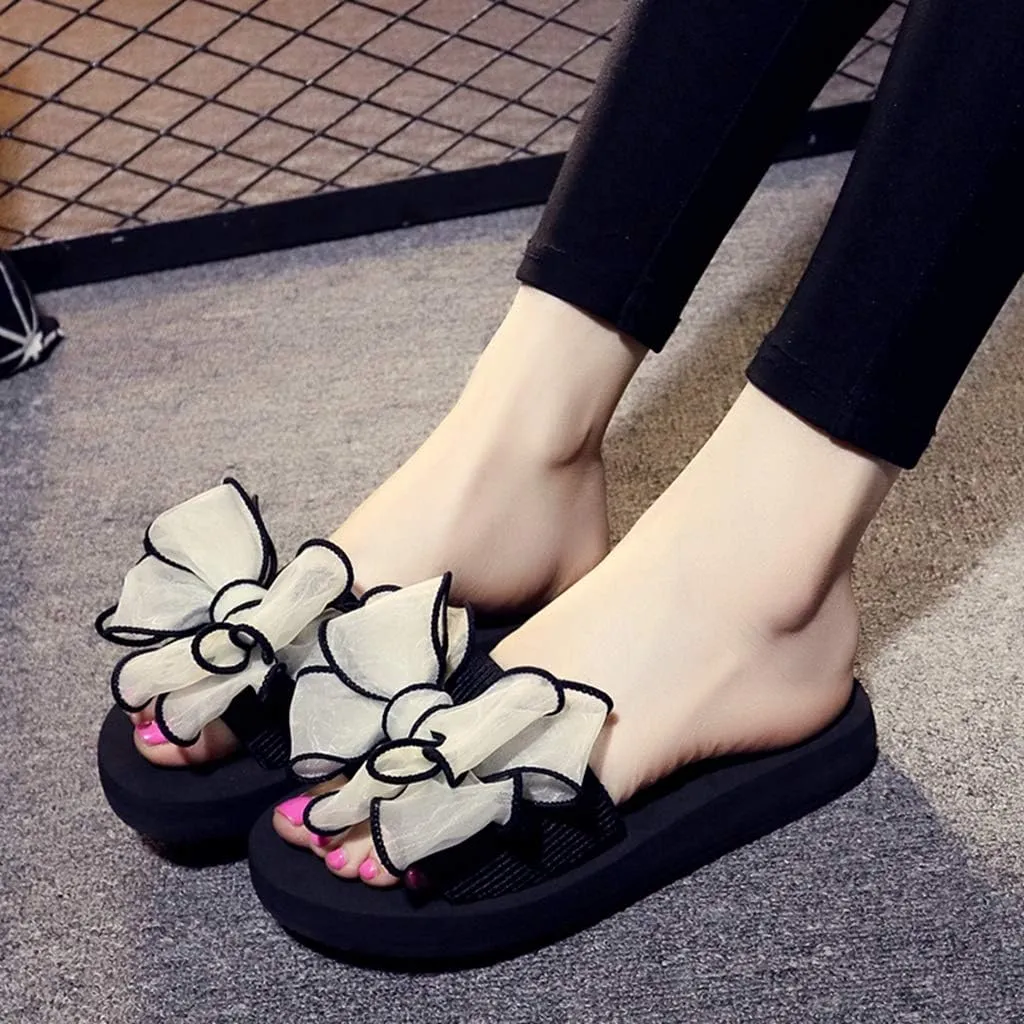 MIOKE Women's Bohemian Bowknot Flat Slide Sandals Fashion Comfort Anti-Slip Platform Summer Beach Sandals
