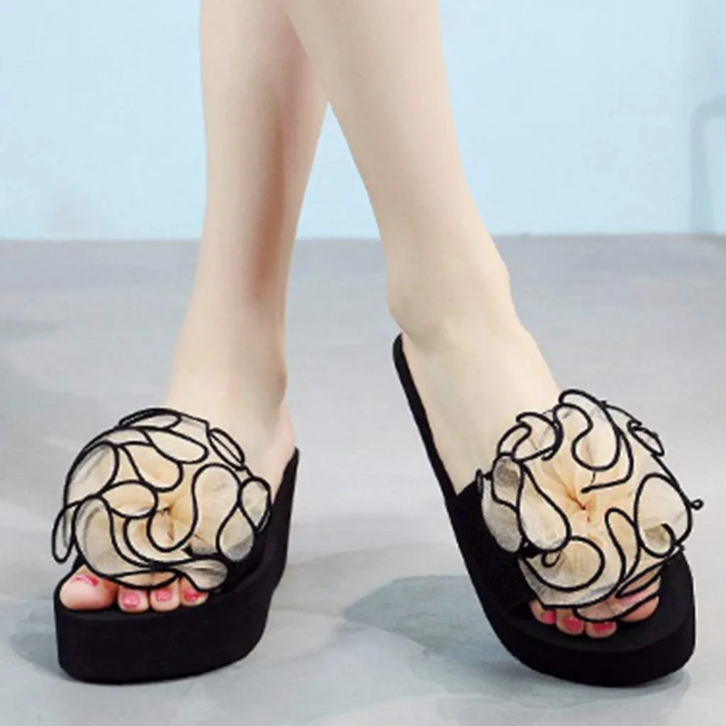 MIOKE Women's Bohemian Flower Flat Slide Sandals Fashion Comfort Anti-Slip Platform Summer Beach Sandals