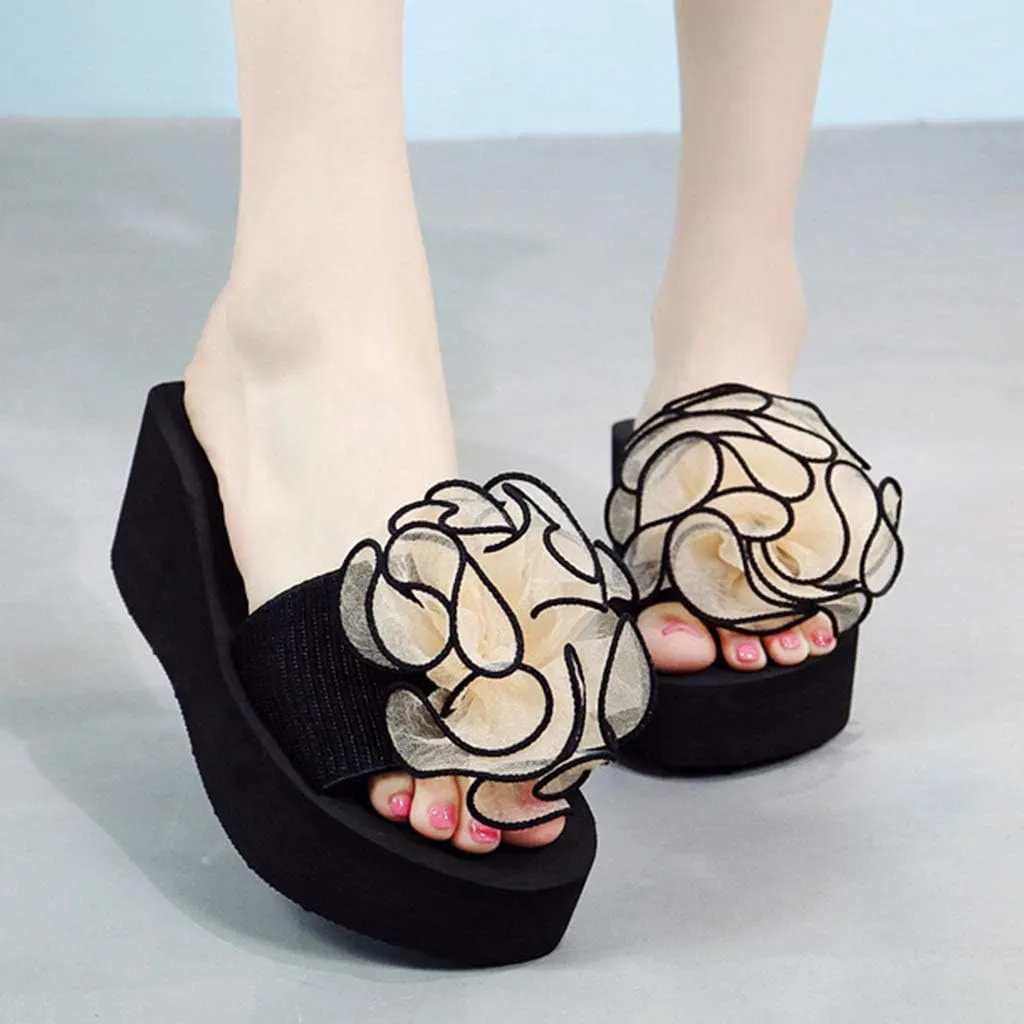 MIOKE Women's Bohemian Flower Flat Slide Sandals Fashion Comfort Anti-Slip Platform Summer Beach Sandals