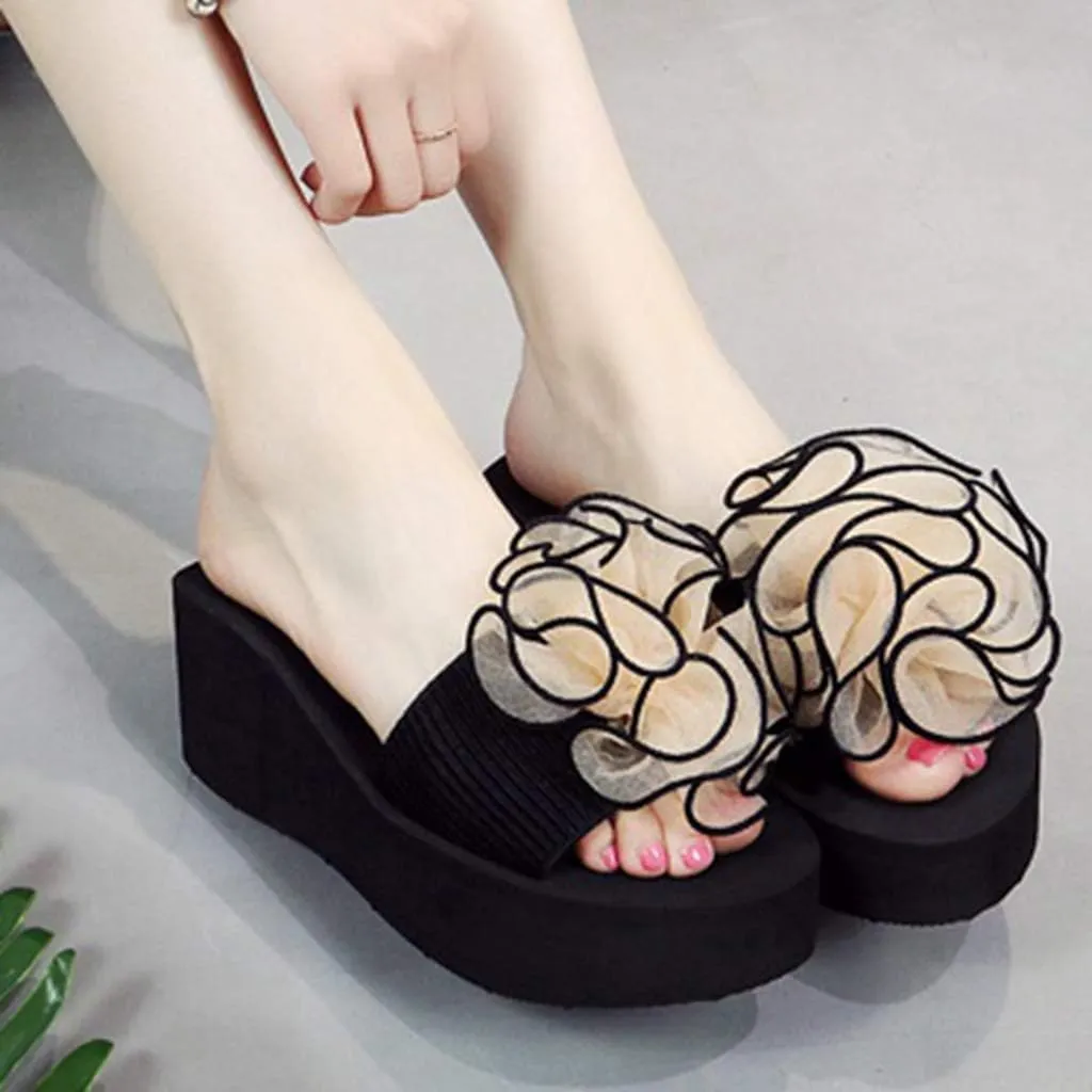 MIOKE Women's Bohemian Flower Flat Slide Sandals Fashion Comfort Anti-Slip Platform Summer Beach Sandals