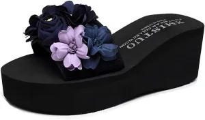 MIOKE Womens Boho Flowers Wedge Slide Sandals Summer Platform Comfort Nonslip High Heel Beach Sandals