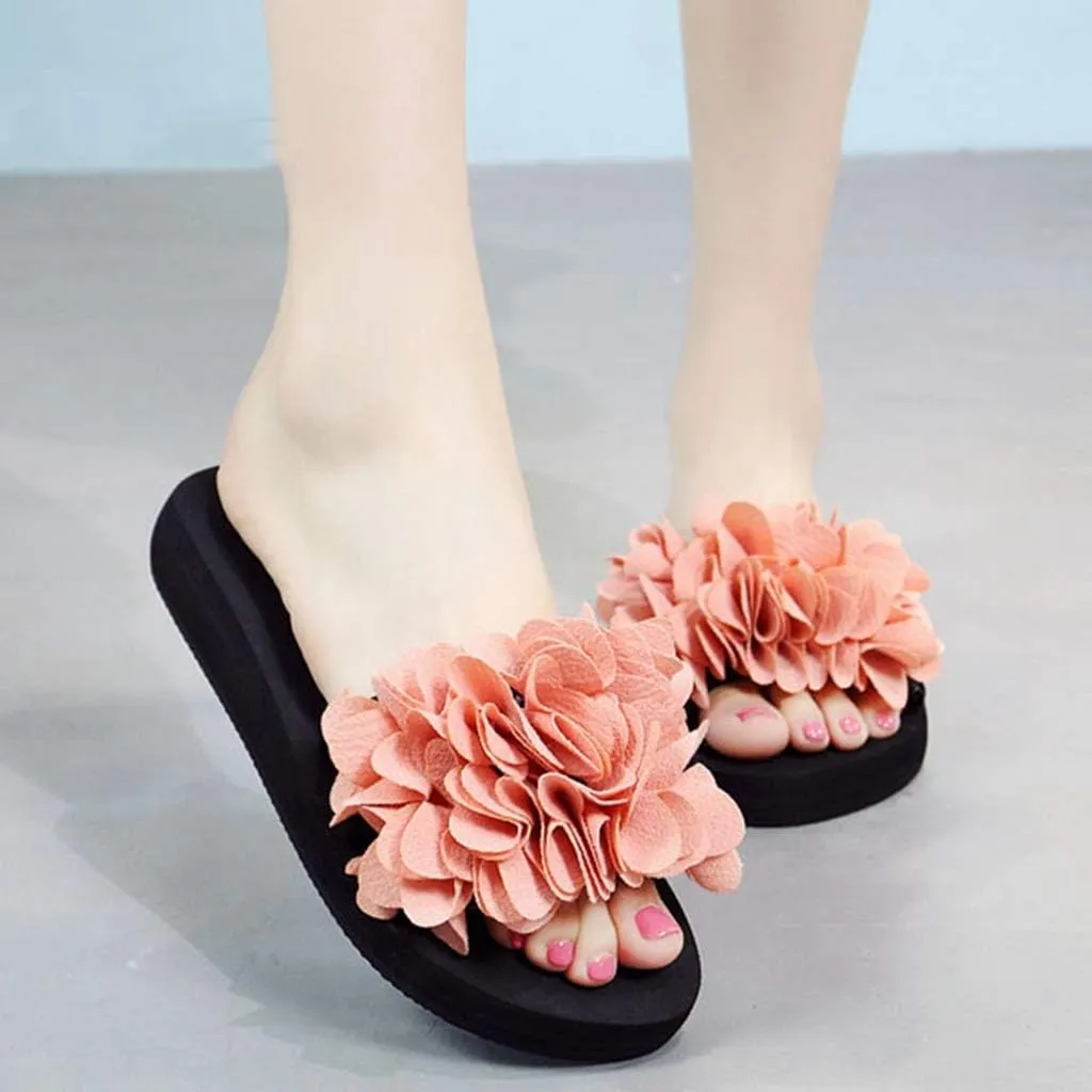 MIOKE Womens Boho Flowers Wedge Slide Sandals Summer Platform Comfort Nonslip High Heel Beach Sandals