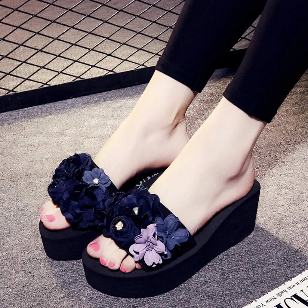 MIOKE Womens Boho Flowers Wedge Slide Sandals Summer Platform Comfort Nonslip High Heel Beach Sandals