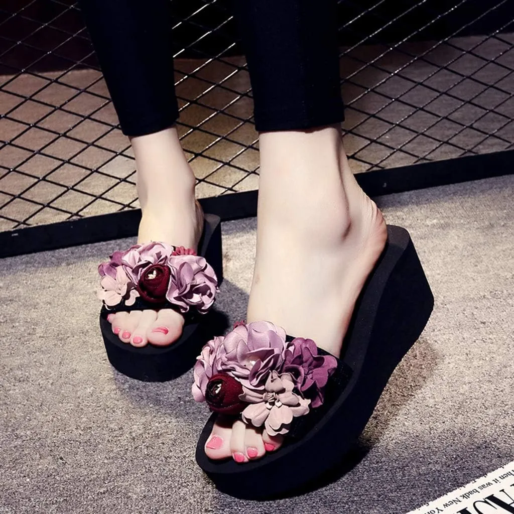 MIOKE Womens Boho Flowers Wedge Slide Sandals Summer Platform Comfort Nonslip High Heel Beach Sandals
