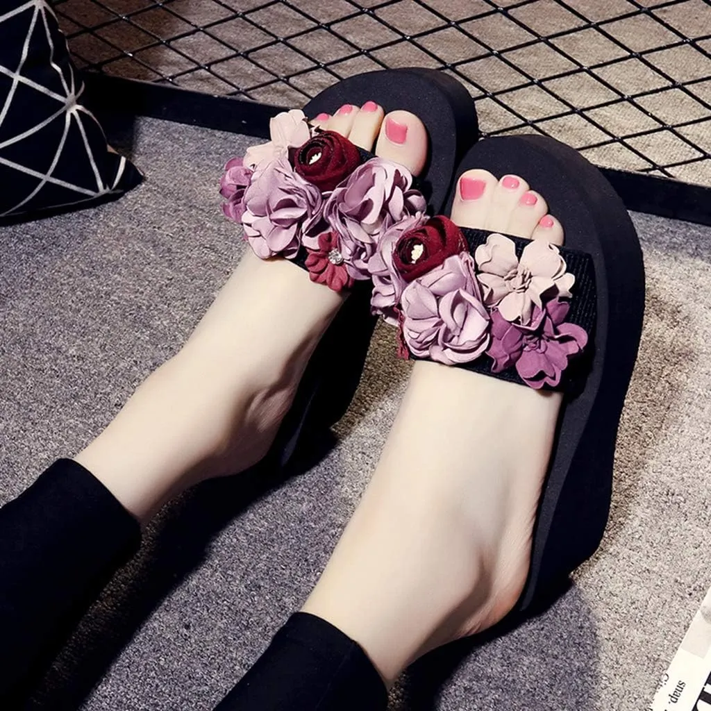 MIOKE Womens Boho Flowers Wedge Slide Sandals Summer Platform Comfort Nonslip High Heel Beach Sandals