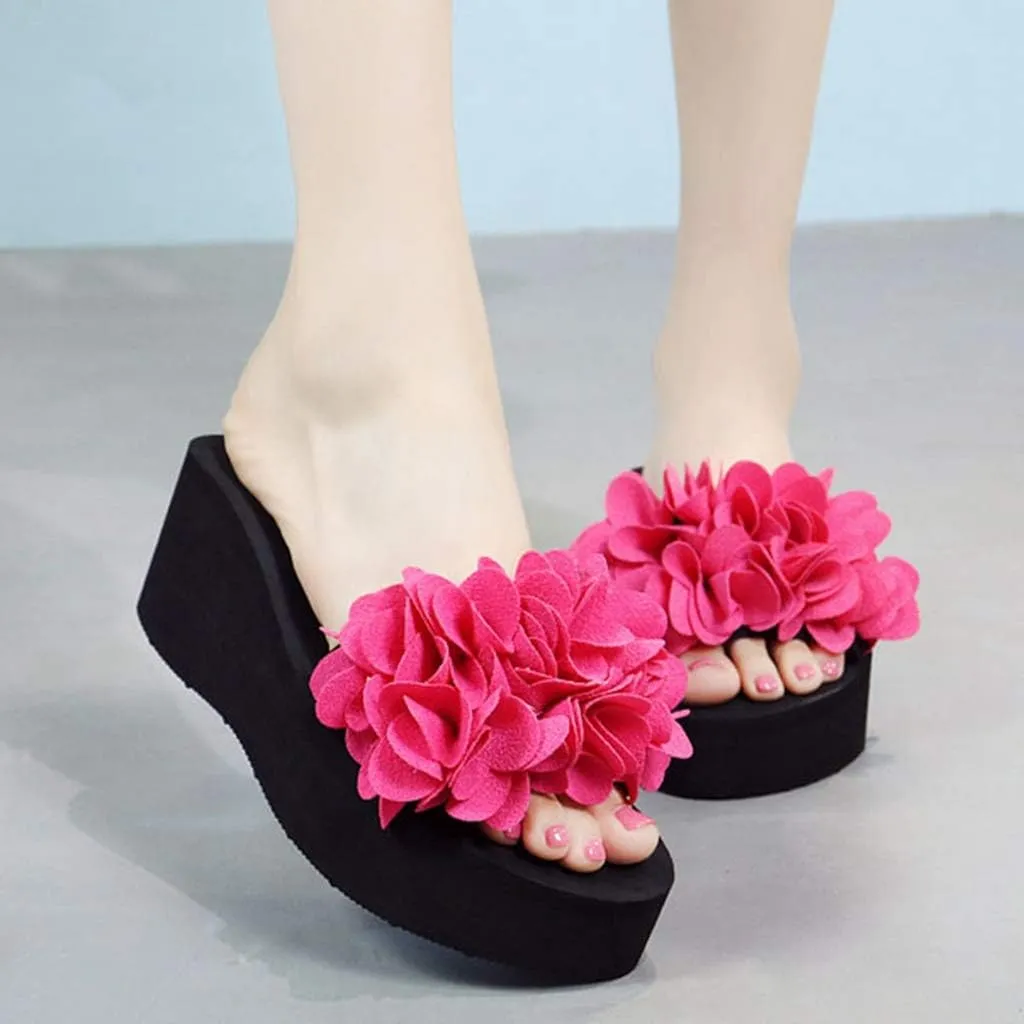 MIOKE Womens Boho Flowers Wedge Slide Sandals Summer Platform Comfort Nonslip High Heel Beach Sandals