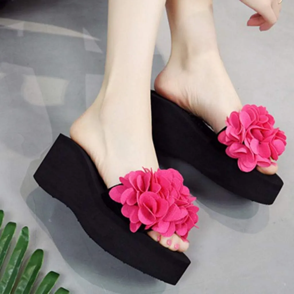 MIOKE Womens Boho Flowers Wedge Slide Sandals Summer Platform Comfort Nonslip High Heel Beach Sandals