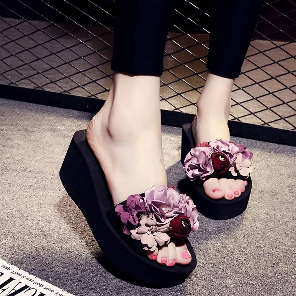 MIOKE Womens Boho Flowers Wedge Slide Sandals Summer Platform Comfort Nonslip High Heel Beach Sandals