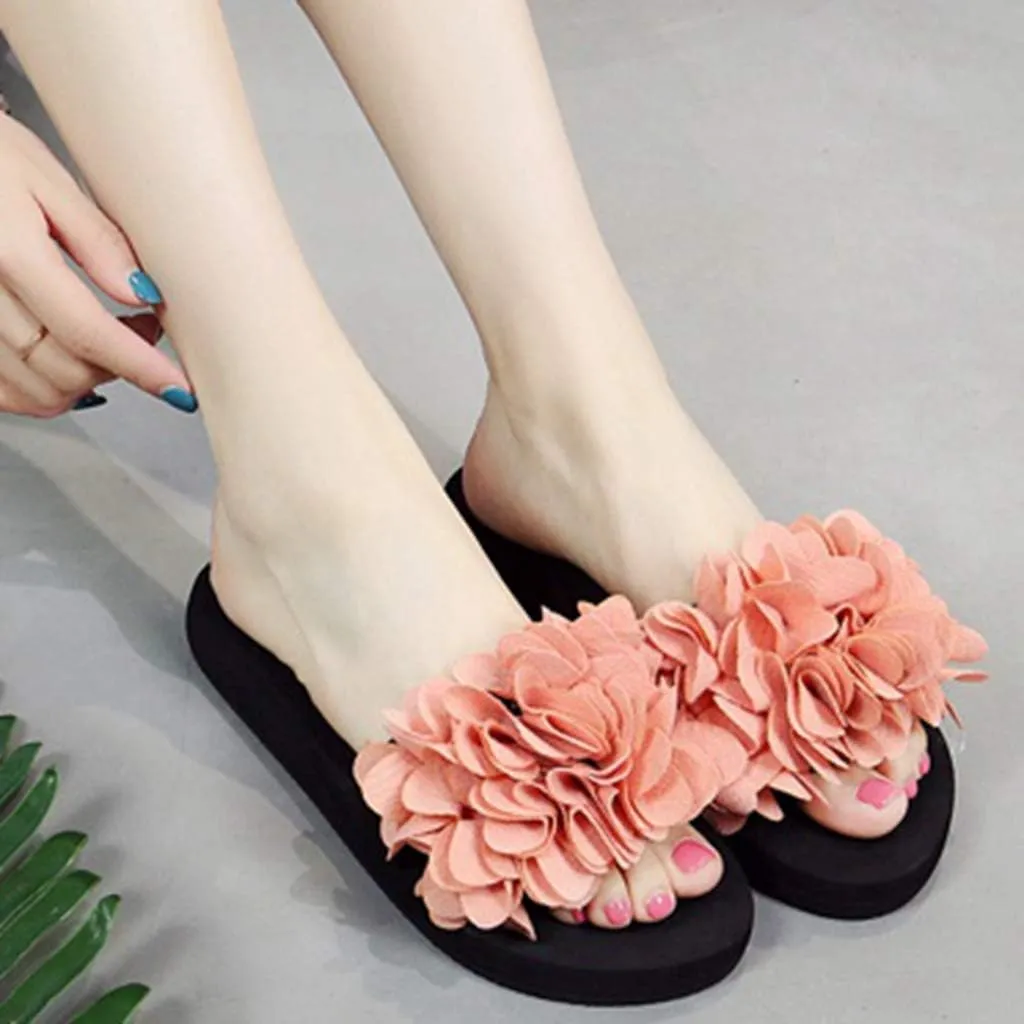 MIOKE Womens Boho Flowers Wedge Slide Sandals Summer Platform Comfort Nonslip High Heel Beach Sandals