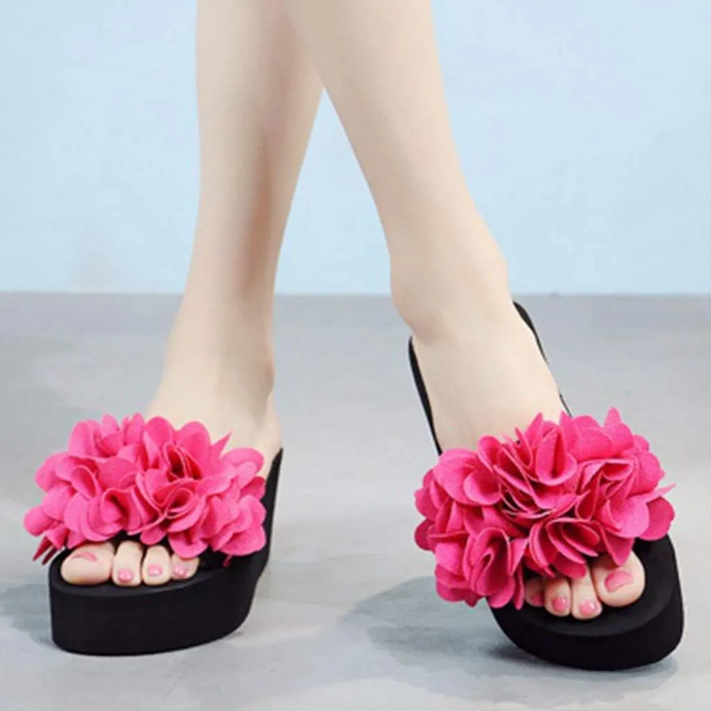 MIOKE Womens Boho Flowers Wedge Slide Sandals Summer Platform Comfort Nonslip High Heel Beach Sandals