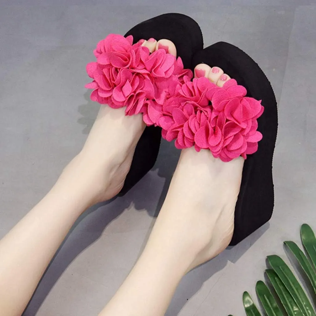 MIOKE Womens Boho Flowers Wedge Slide Sandals Summer Platform Comfort Nonslip High Heel Beach Sandals