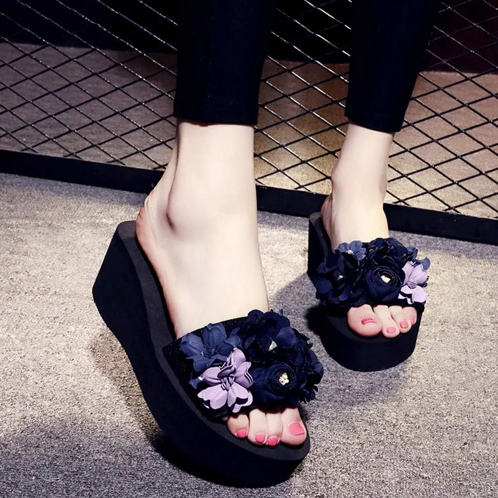 MIOKE Womens Boho Flowers Wedge Slide Sandals Summer Platform Comfort Nonslip High Heel Beach Sandals