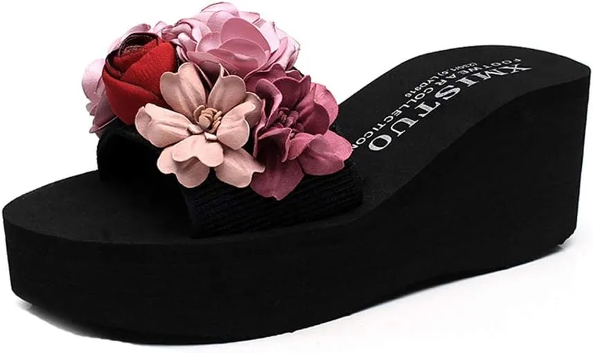 MIOKE Womens Boho Flowers Wedge Slide Sandals Summer Platform Comfort Nonslip High Heel Beach Sandals