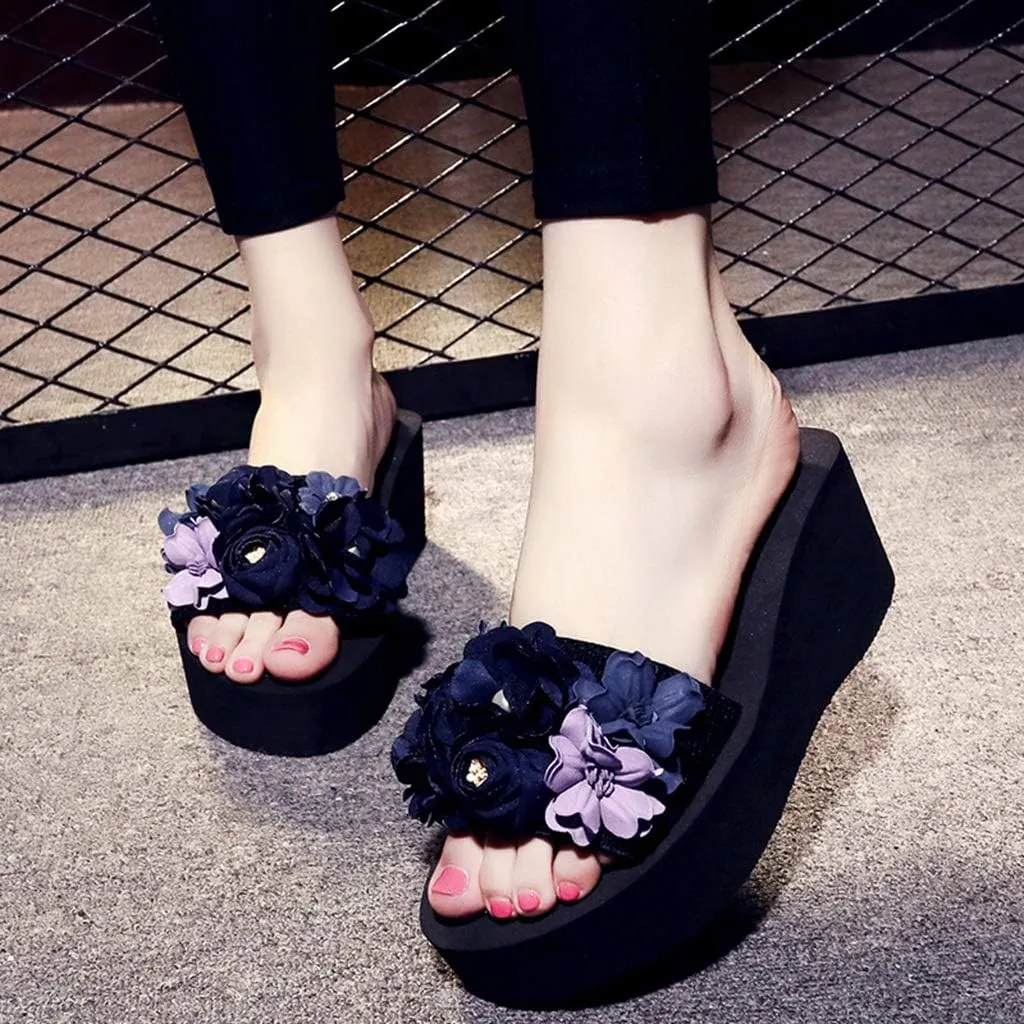 MIOKE Womens Boho Flowers Wedge Slide Sandals Summer Platform Comfort Nonslip High Heel Beach Sandals