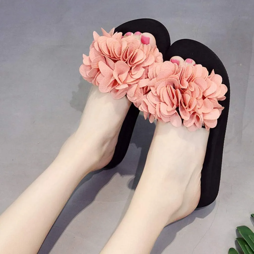 MIOKE Womens Boho Flowers Wedge Slide Sandals Summer Platform Comfort Nonslip High Heel Beach Sandals
