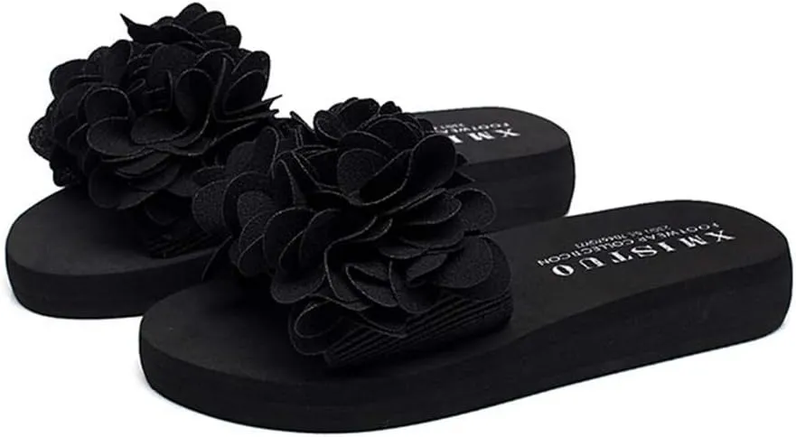 MIOKE Womens Boho Flowers Wedge Slide Sandals Summer Platform Comfort Nonslip High Heel Beach Sandals