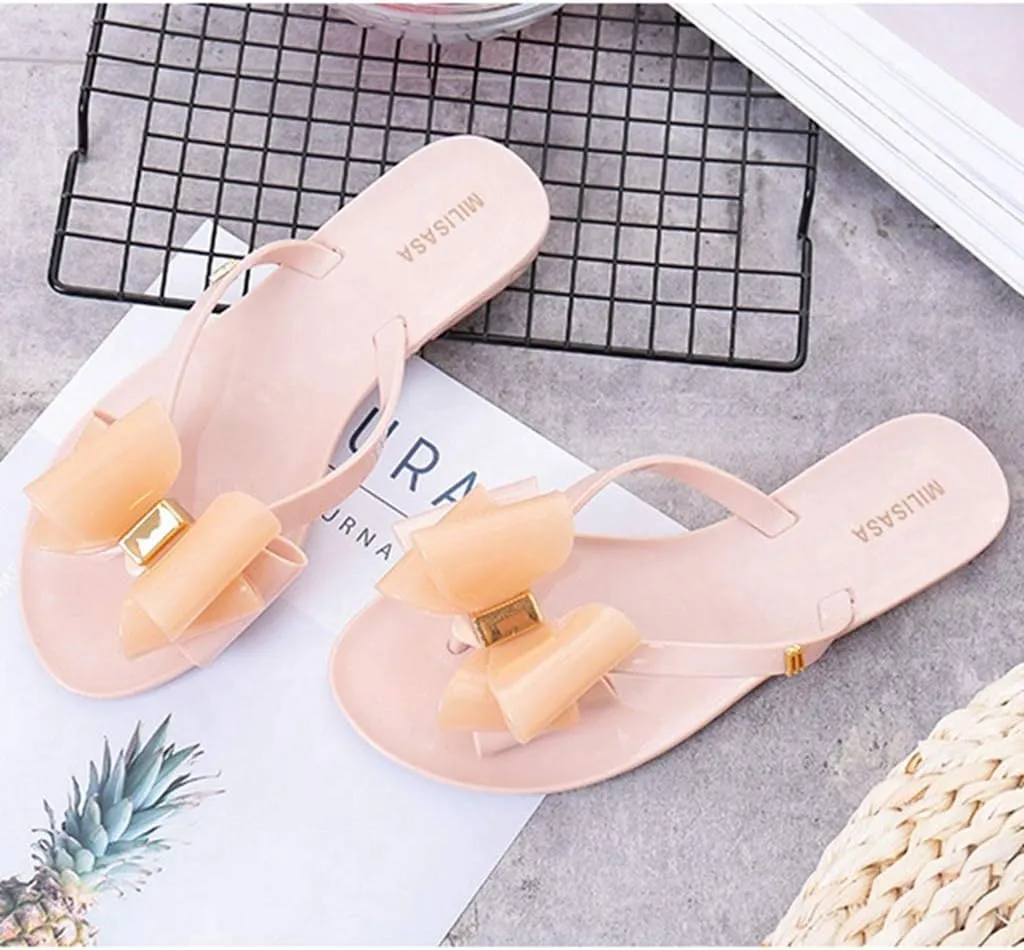 MIOKE Women's Bow Studded Jelly Flipflops Sandals Summer Slip On Comfort Flat Beach Jellies Thong Slipper