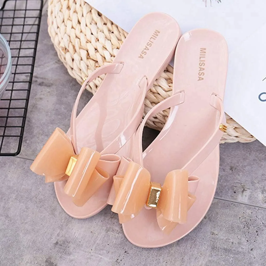 MIOKE Women's Bow Studded Jelly Flipflops Sandals Summer Slip On Comfort Flat Beach Jellies Thong Slipper