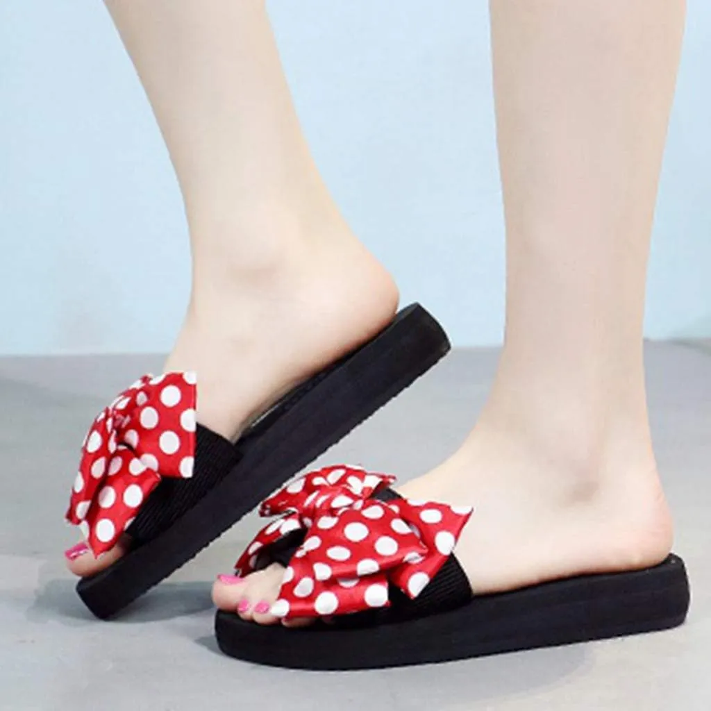 MIOKE Women's Bow Tie Sweet Wedge Slide Sandals High Heel Platform Comfort NonSlip Summer Beach Sandals