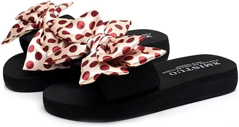 MIOKE Women's Bow Tie Sweet Wedge Slide Sandals High Heel Platform Comfort NonSlip Summer Beach Sandals