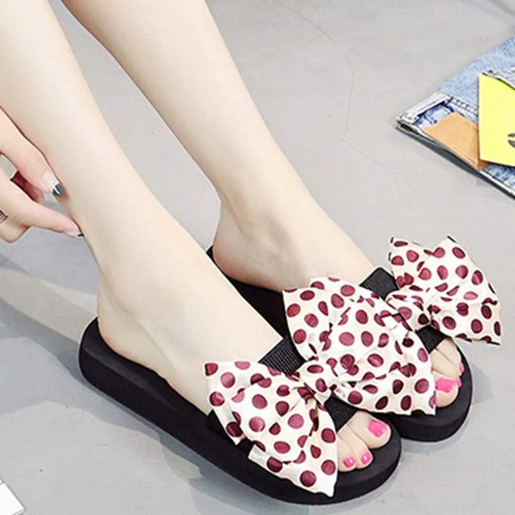 MIOKE Women's Bow Tie Sweet Wedge Slide Sandals High Heel Platform Comfort NonSlip Summer Beach Sandals
