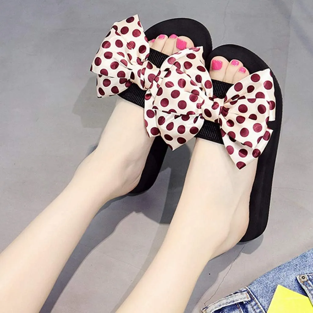 MIOKE Women's Bow Tie Sweet Wedge Slide Sandals High Heel Platform Comfort NonSlip Summer Beach Sandals