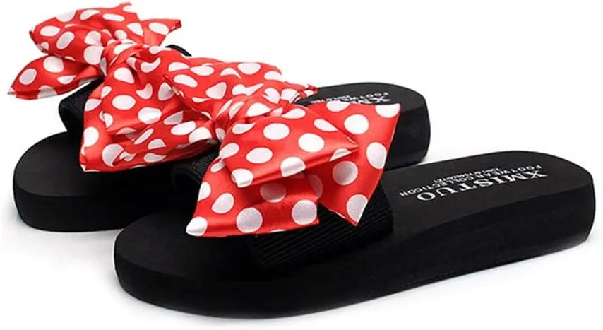 MIOKE Women's Bow Tie Sweet Wedge Slide Sandals High Heel Platform Comfort NonSlip Summer Beach Sandals