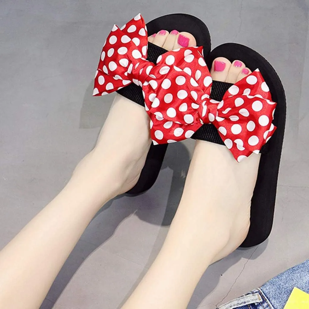MIOKE Women's Bow Tie Sweet Wedge Slide Sandals High Heel Platform Comfort NonSlip Summer Beach Sandals