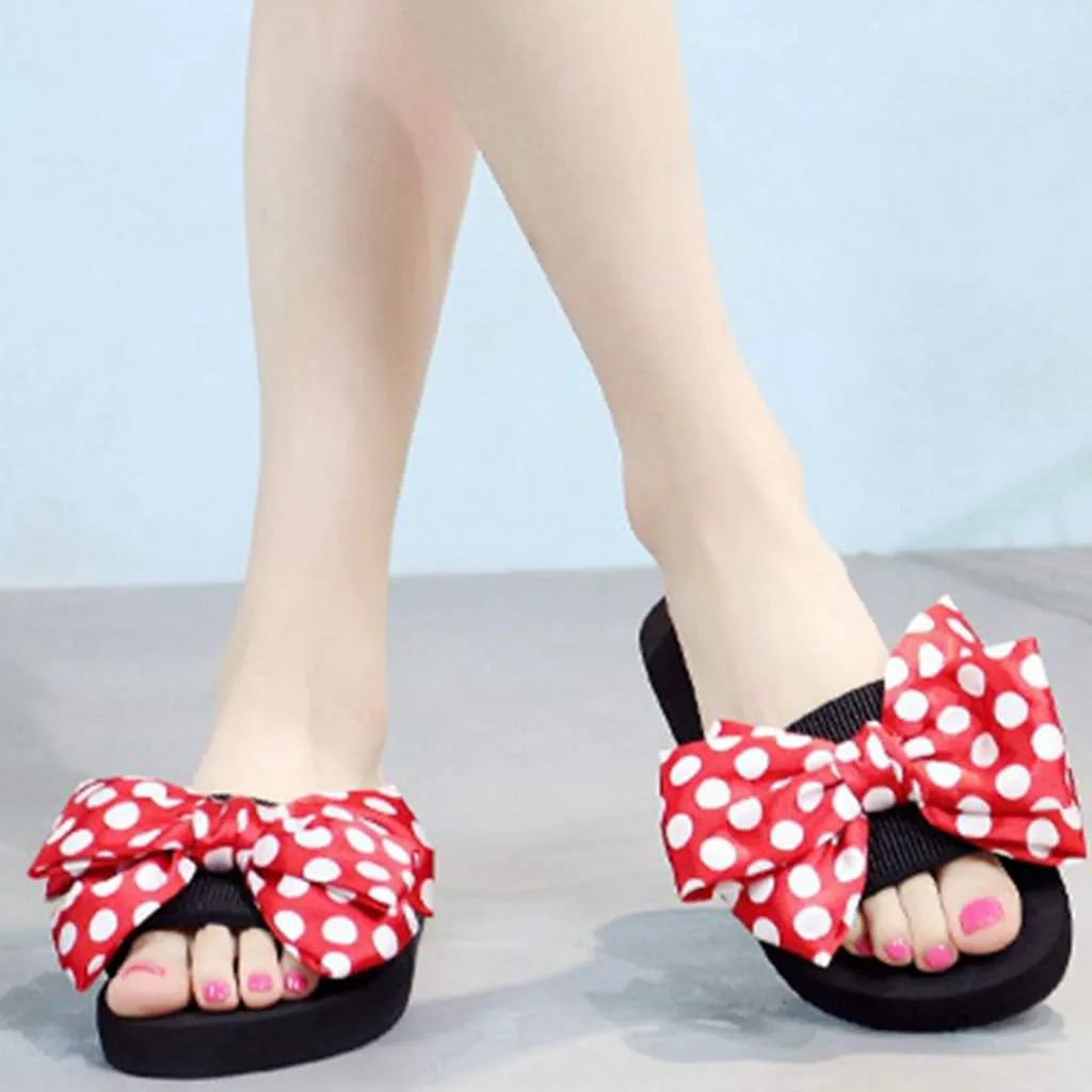 MIOKE Women's Bow Tie Sweet Wedge Slide Sandals High Heel Platform Comfort NonSlip Summer Beach Sandals