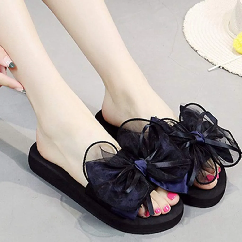 MIOKE Women's Bowknot Flat Platform Slide Sandals Fashion Bohemia Comfort Anti-Slip Summer Beach Sandals