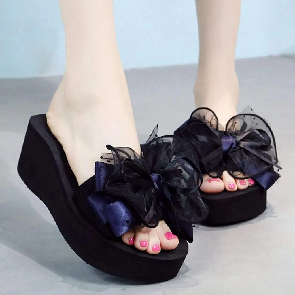 MIOKE Women's Bowknot Flat Platform Slide Sandals Fashion Bohemia Comfort Anti-Slip Summer Beach Sandals