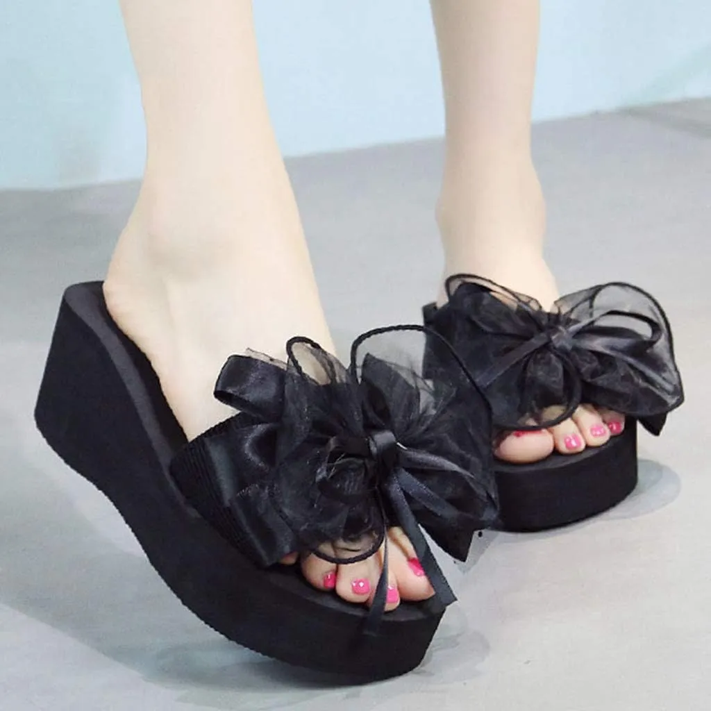 MIOKE Women's Bowknot Flat Platform Slide Sandals Fashion Bohemia Comfort Anti-Slip Summer Beach Sandals