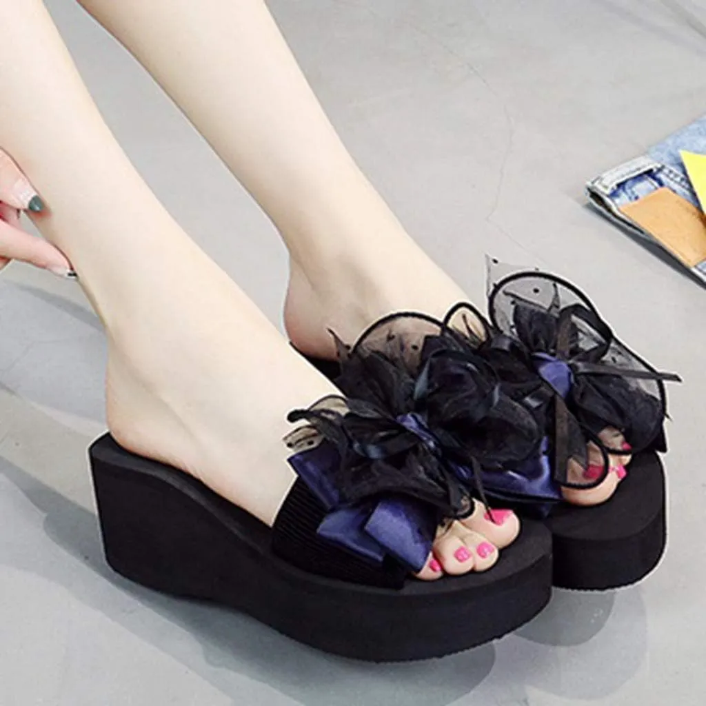 MIOKE Women's Bowknot Flat Platform Slide Sandals Fashion Bohemia Comfort Anti-Slip Summer Beach Sandals