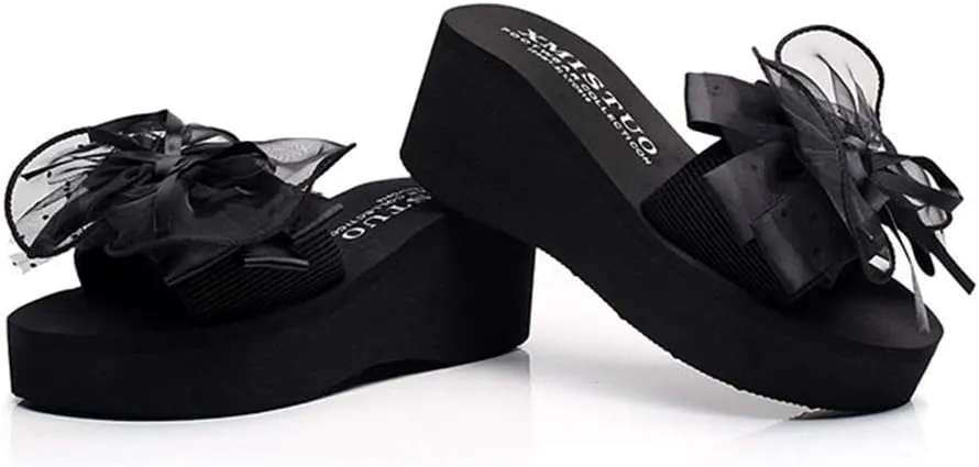 MIOKE Women's Bowknot Flat Platform Slide Sandals Fashion Bohemia Comfort Anti-Slip Summer Beach Sandals