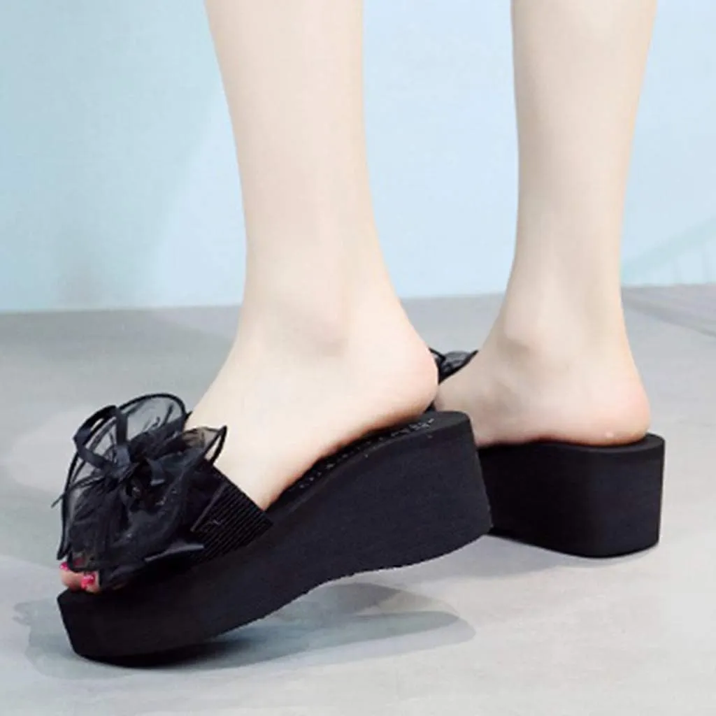 MIOKE Women's Bowknot Flat Platform Slide Sandals Fashion Bohemia Comfort Anti-Slip Summer Beach Sandals