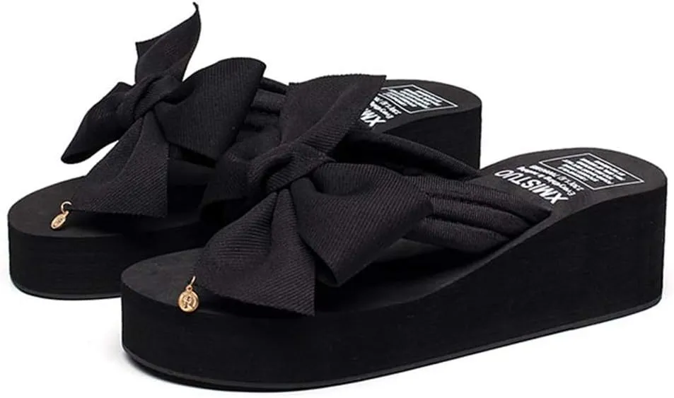 MIOKE Women's Bowknot Wedge Flipflops Summer Sweet Fashion Platform Comfort Nonslip Beach Thong Sandals