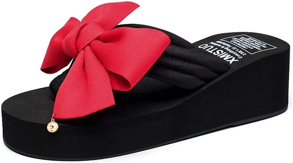 MIOKE Women's Bowknot Wedge Flipflops Summer Sweet Fashion Platform Comfort Nonslip Beach Thong Sandals