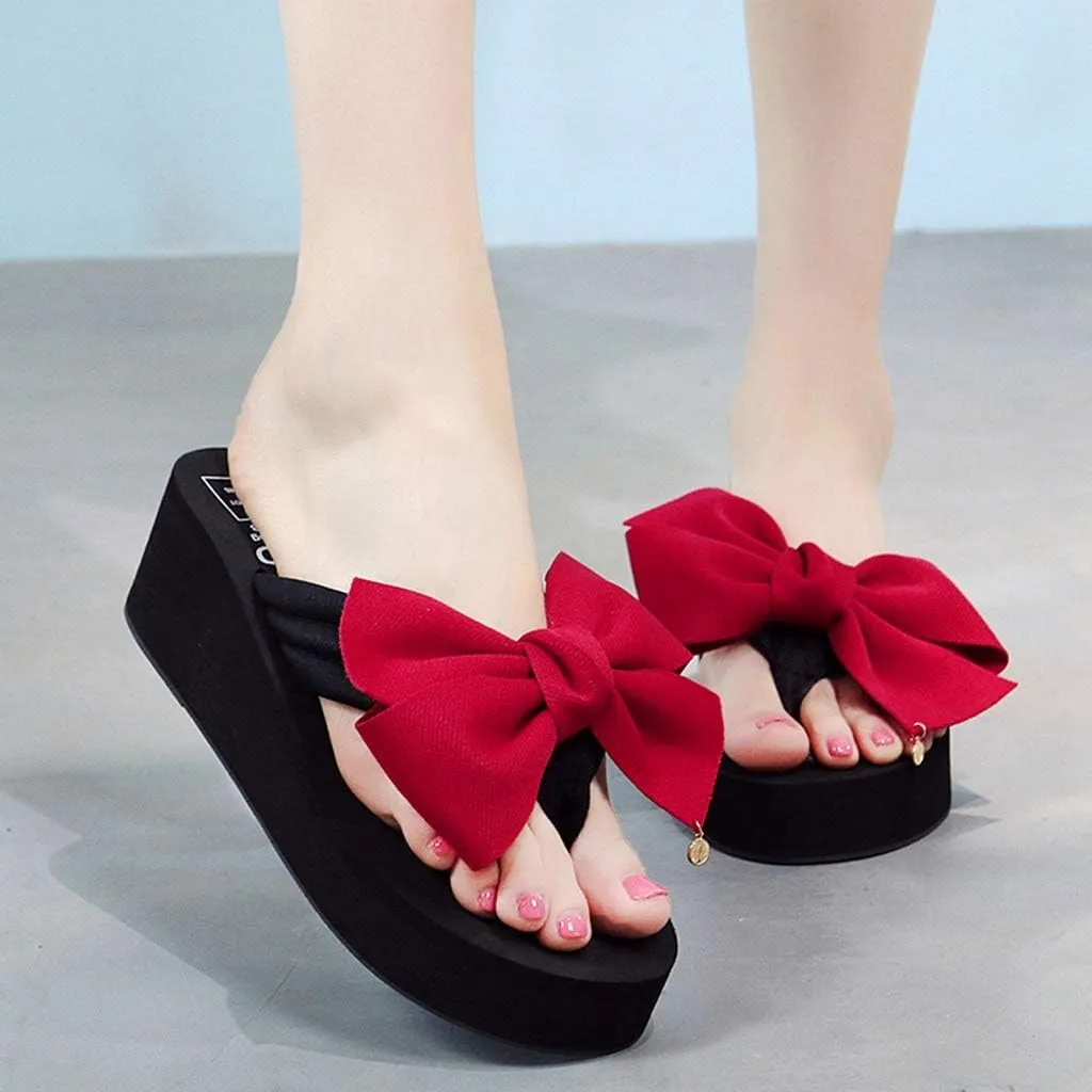 MIOKE Women's Bowknot Wedge Flipflops Summer Sweet Fashion Platform Comfort Nonslip Beach Thong Sandals