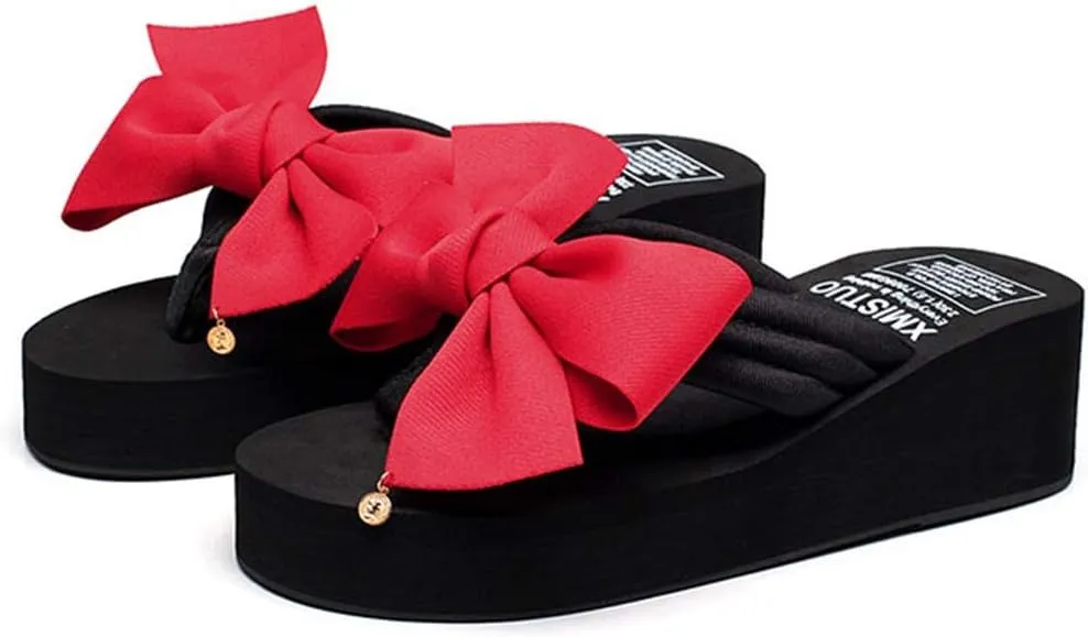 MIOKE Women's Bowknot Wedge Flipflops Summer Sweet Fashion Platform Comfort Nonslip Beach Thong Sandals