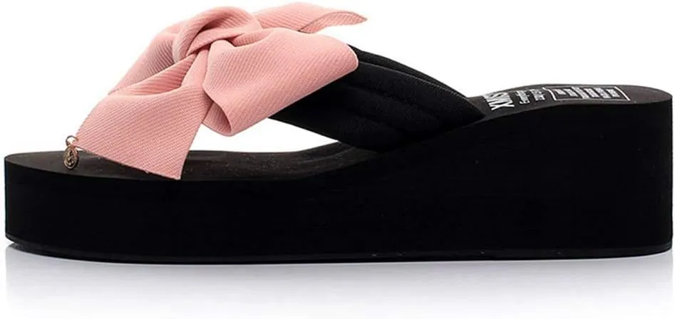 MIOKE Women's Bowknot Wedge Flipflops Summer Sweet Fashion Platform Comfort Nonslip Beach Thong Sandals