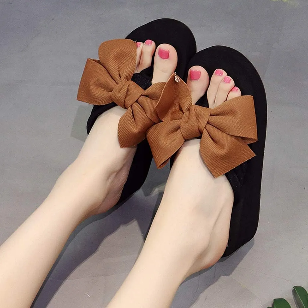 MIOKE Women's Bowknot Wedge Flipflops Summer Sweet Fashion Platform Comfort Nonslip Beach Thong Sandals
