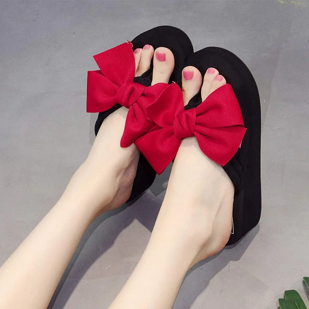 MIOKE Women's Bowknot Wedge Flipflops Summer Sweet Fashion Platform Comfort Nonslip Beach Thong Sandals