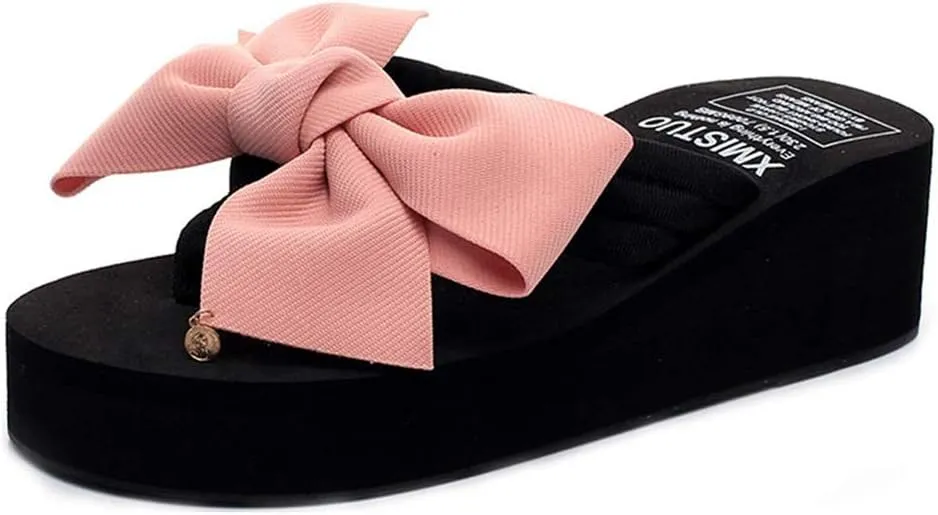 MIOKE Women's Bowknot Wedge Flipflops Summer Sweet Fashion Platform Comfort Nonslip Beach Thong Sandals